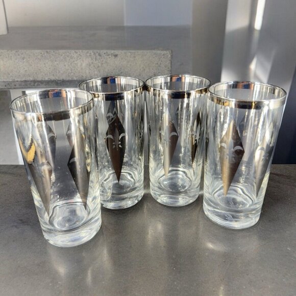 Dorothy Thorpe Silver Harlequin Diamond Fleur de Lis Glasses Highball Barware 4 - Picture 1 of 16